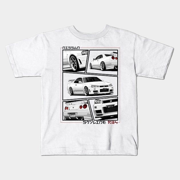 Nissan Skyline r34 GTR White, JDM Car Kids T-Shirt by T-JD